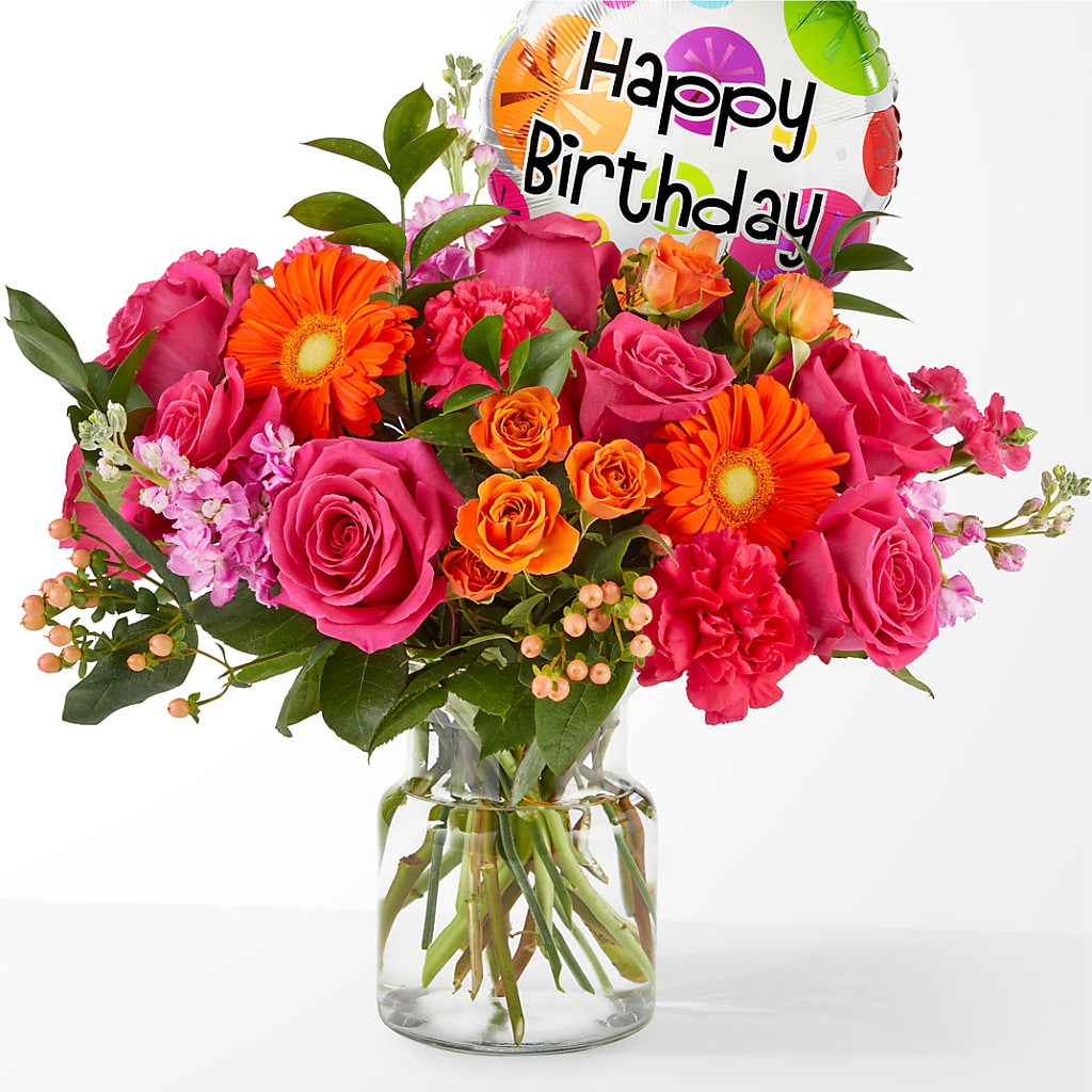 Fiesta Bouquet with Birthday Balloon – Colonial Nursery Garden Center, Ladysmith WI