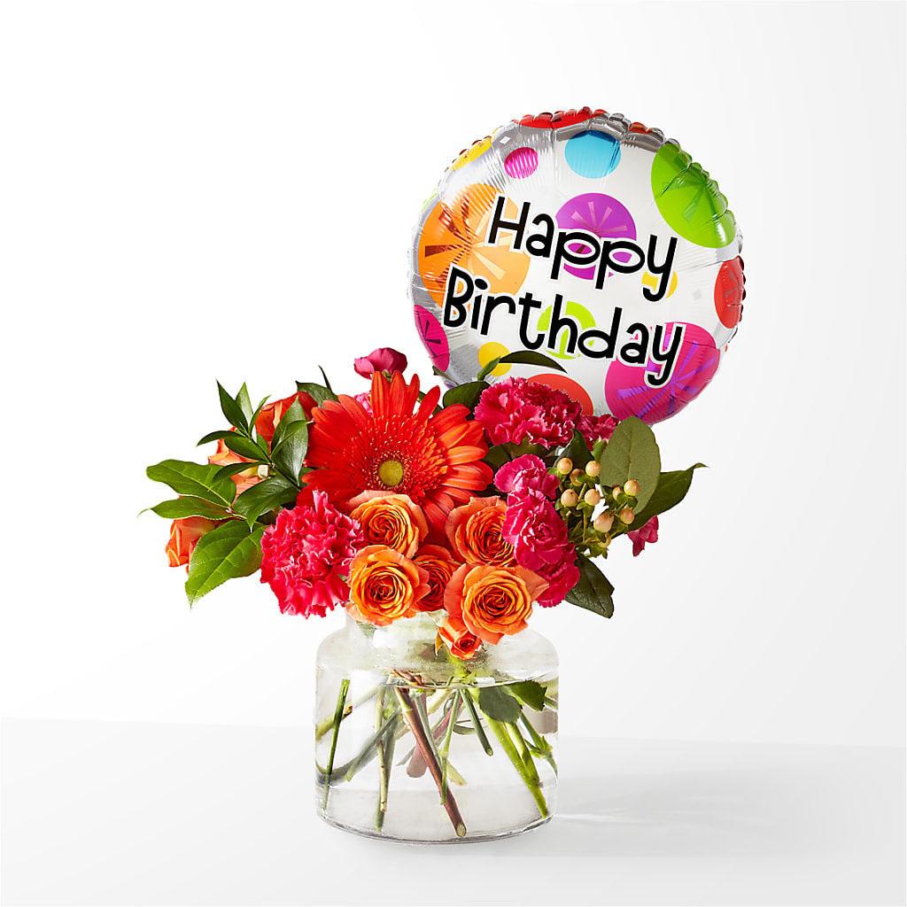Fiesta Bouquet with Birthday Balloon – Colonial Nursery Garden Center, Ladysmith WI