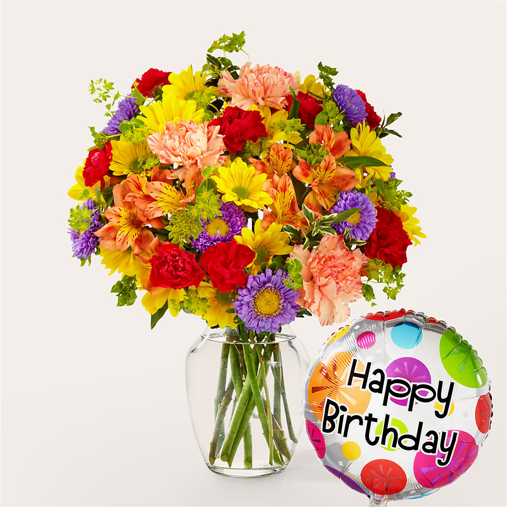 Kaleidoscope Bouquet with Birthday Balloon – Colonial Nursery Garden Center, Ladysmith WI