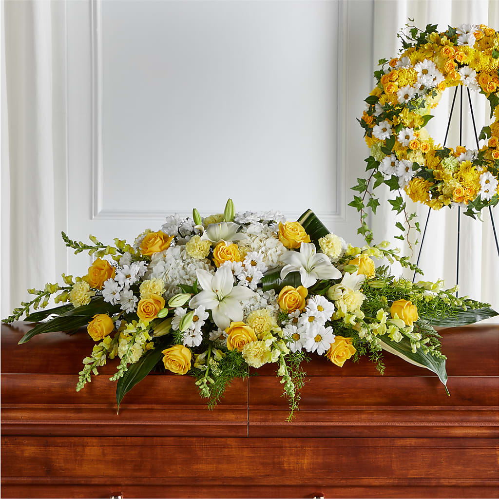 Golden Harmony Casket Spray – Colonial Nursery Garden Center, Ladysmith WI