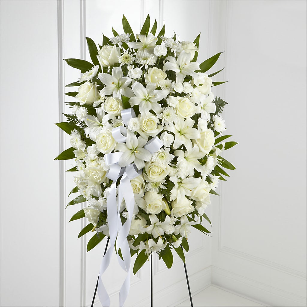 Exquisite Tribute Standing Spray-White Ribbon – Colonial Nursery Garden Center, Ladysmith WI