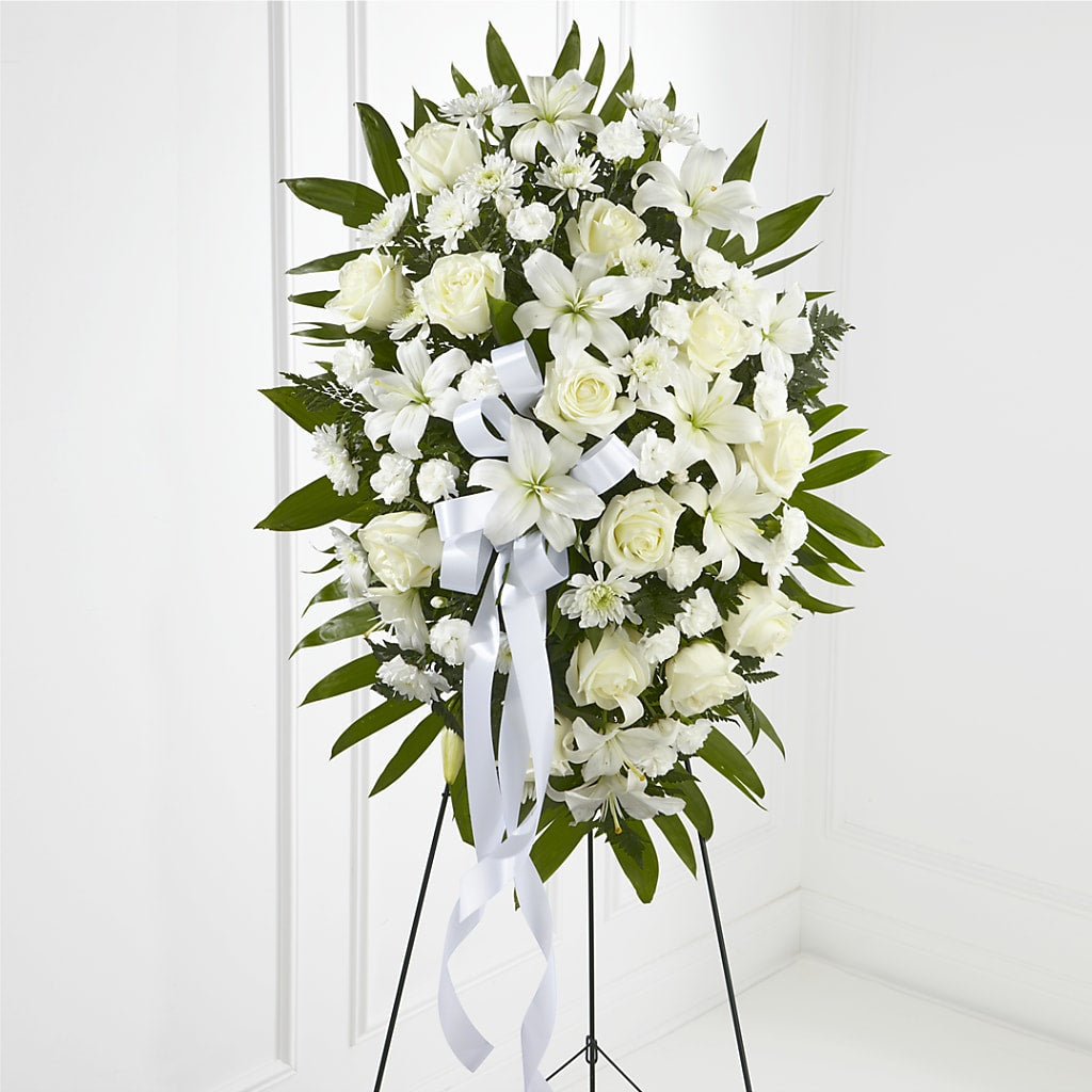 Exquisite Tribute Standing Spray-White Ribbon – Colonial Nursery Garden Center, Ladysmith WI